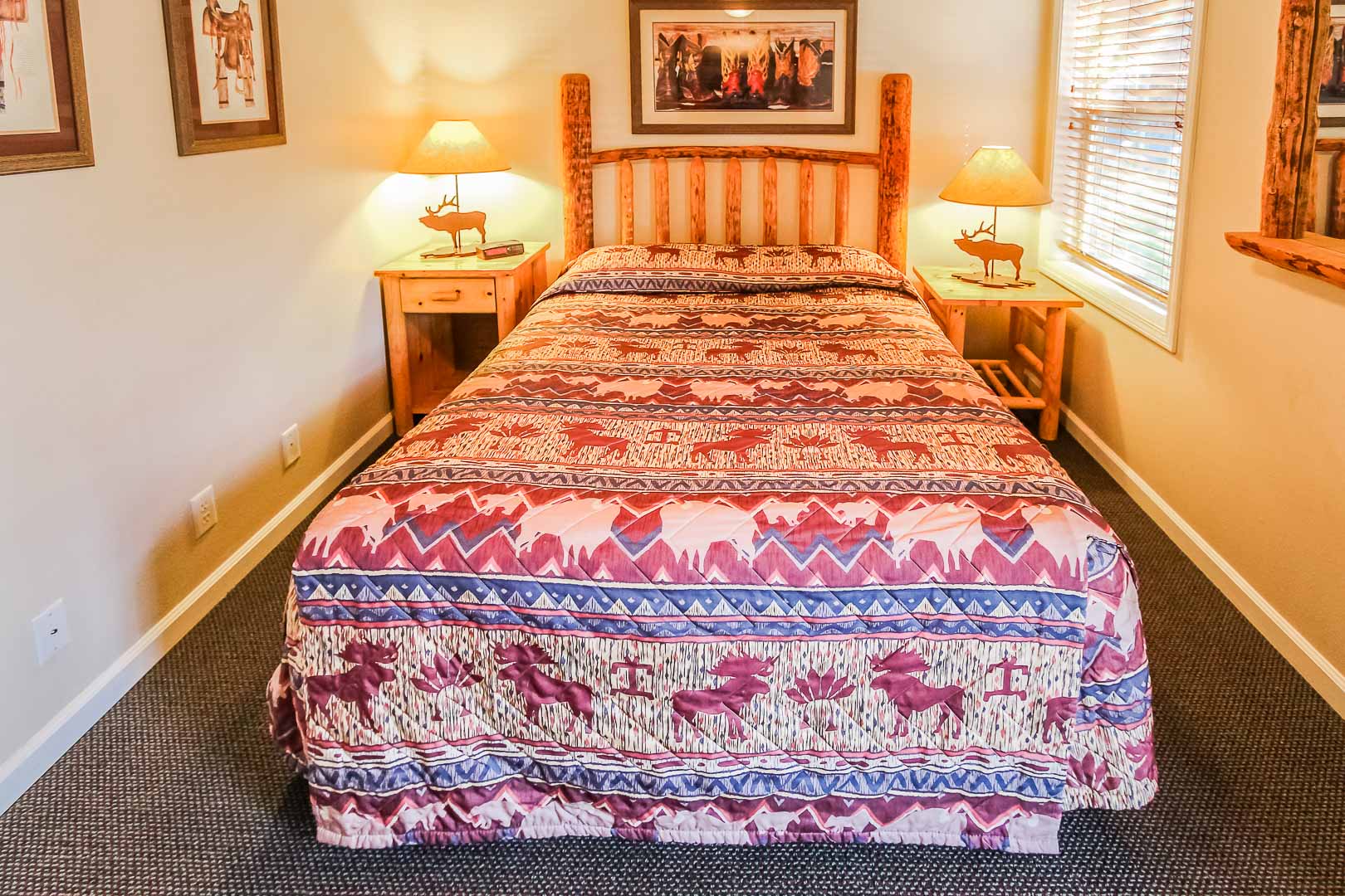 A cozy bedroom at VRI's Jackson Pines in Wyoming.